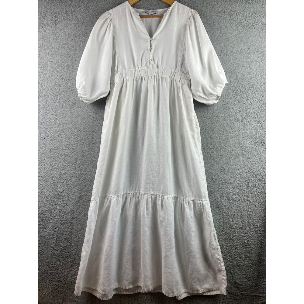 Michael Stars felicity Linen Puff Sleeve Tiered Maxi Dress Small V-Neck Pocket